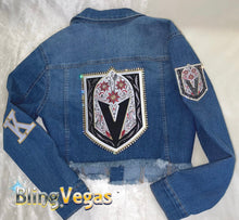 Load image into Gallery viewer, Day of the Dead Golden Knights Denim - Blue, Special Edition - view 3, hand-jeweled by Bling Vegas