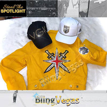 Load image into Gallery viewer, Golden Knights Leather Jacket - Gold, One of One - hand-jeweled with Swarovski® crystals by Bling Vegas